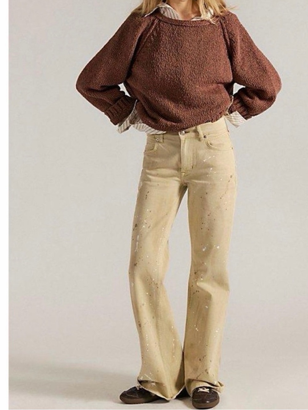 We The Free Beige Paint-Splatter Flare Jeans